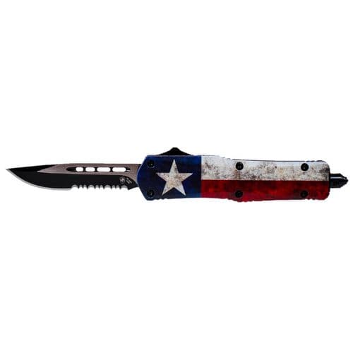 Templar Knife SCAP631 Captain Gen II Small 2.25" OTF Drop Point Part Serrated Black 440C SS Blade Red/Blue/White Star Zinc Aluminum Alloy Handle Templar Knife SCAP631 Captain Gen II Small 2.25" OTF Drop Point Part Serrated Black 440C SS Blade Red/Blue/White Star Zinc Aluminum Alloy Handle