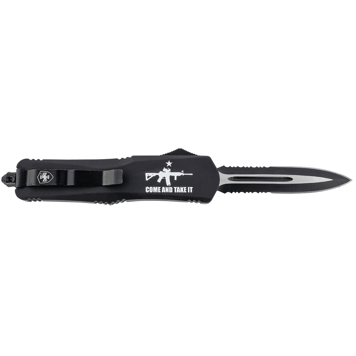 Templar Knife LAR15431 Come And Take It Gen II Large 3.50" OTF Dagger Part Serrated Black 440C SS Blade Black Zinc Aluminum Alloy Handle Templar Knife LAR15431 Come And Take It Gen II Large 3.50" OTF Dagger Part Serrated Black 440C SS Blade Black Zinc Aluminum Alloy Handle