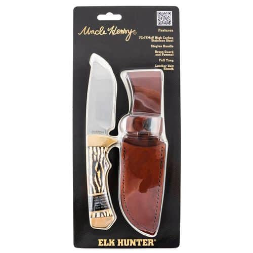 Uncle Henry 182UHCP Elk Hunter Full Tang 3.83" Fixed Drop Point Plain 7Cr17MoV High Carbon SS Blade Staglon With Brass Guard Handle Uncle Henry 182UHCP Elk Hunter Full Tang 3.83" Fixed Drop Point Plain 7Cr17MoV High Carbon SS Blade Staglon With Brass Guard Handle