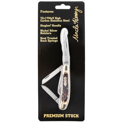 Uncle Henry 897UHCP Premium Stock 2.80" Folding Clip/Sheepsfoot/Spey Plain 7Cr17MoV High Carbon SS Blade/Staglon w/Nickel Silver Bolsters Handle Uncle Henry 897UHCP Premium Stock 2.80" Folding Clip/Sheepsfoot/Spey Plain 7Cr17MoV High Carbon SS Blade/Staglon w/Nickel Silver Bolsters Handle