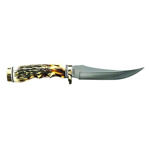 Uncle Henry 153UHCP Golden Spike Rat Tail Tang 5" Fixed Clip Point Plain 7Cr17MoV High Carbon SS Blade Staglon w/Nickel Silver Guard Handle Uncle Henry 153UHCP Golden Spike Rat Tail Tang 5" Fixed Clip Point Plain 7Cr17MoV High Carbon SS Blade Staglon w/Nickel Silver Guard Handle
