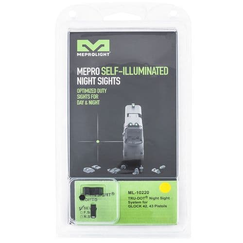 Meprolight USA 102203201 Tru-Dot Green Tritium White Outline Front Sight-Yellow Tritium White Outline Rear Sight Fits: Glock 42/43/43X/48 Meprolight USA 102203201 Tru-Dot Green Tritium White Outline Front Sight-Yellow Tritium White Outline Rear Sight Fits: Glock 42/43/43X/48