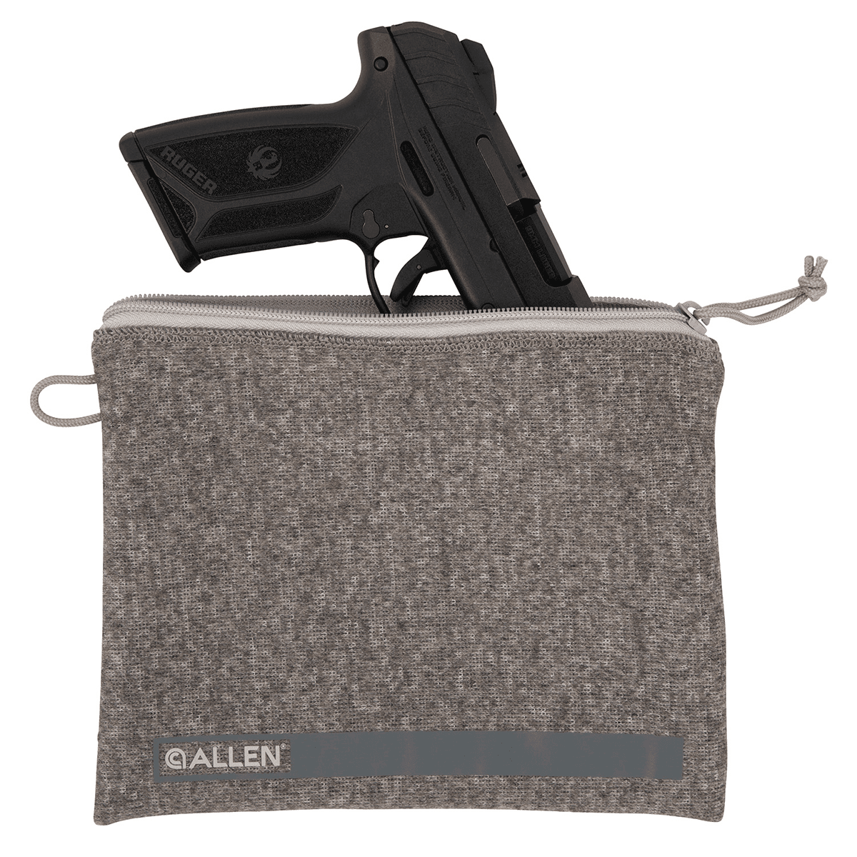 Allen 3627 Pistol Pouch Gray Polyester w/Lockable Zippers, ID Label & Fleece Lining Holds Full Size Handgun 7" L x 9" W Interior Dimensions Allen 3627 Pistol Pouch Gray Polyester w/Lockable Zippers, ID Label & Fleece Lining Holds Full Size Handgun 7" L x 9" W Interior Dimensions
