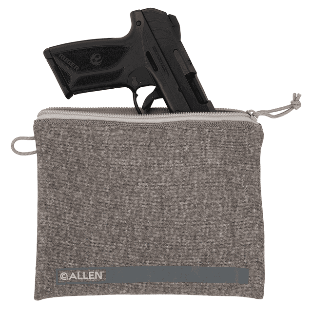 Allen 3627 Pistol Pouch Gray Polyester w/Lockable Zippers, ID Label & Fleece Lining Holds Full Size Handgun 7" L x 9" W Interior Dimensions Allen 3627 Pistol Pouch Gray Polyester w/Lockable Zippers, ID Label & Fleece Lining Holds Full Size Handgun 7" L x 9" W Interior Dimensions