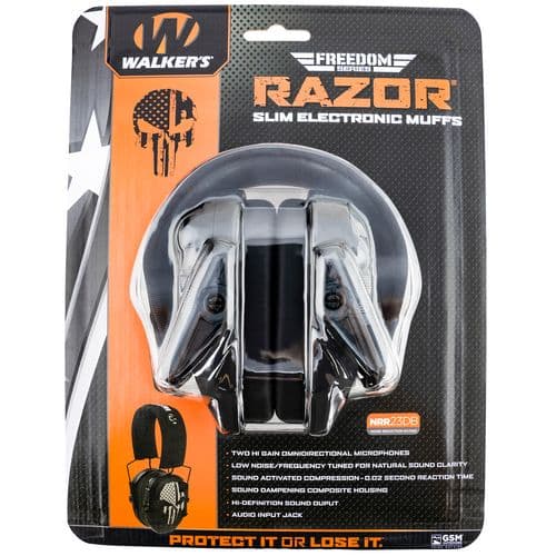 Walker's WP-RSEMFS-PUN Razor Freedom Muff 23 dB Over the Head Polymer Black Ear Cups with Distressed Punisher Flag, Black Headband & White Logo Walker's WP-RSEMFS-PUN Razor Freedom Muff 23 dB Over the Head Polymer Black Ear Cups with Distressed Punisher Flag, Black Headband & White Logo