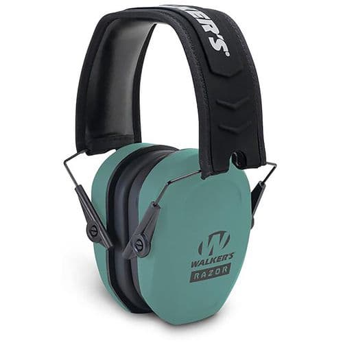 Walker's GWP-RSMPAS-TL Razor Slim Passive Muff 27 dB Over the Head Polymer Teal Ear Cups with Black Headband & White Logo Walker's GWP-RSMPAS-TL Razor Slim Passive Muff 27 dB Over the Head Polymer Teal Ear Cups with Black Headband & White Logo
