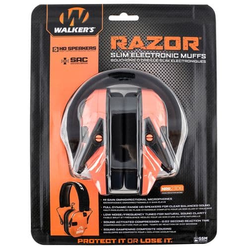 Walker's GWP-RSEM-COR Razor Slim Electronic Muff 23 dB Over the Head Polymer Coral Ear Cups with Black Headband & White Logo Walker's GWP-RSEM-COR Razor Slim Electronic Muff 23 dB Over the Head Polymer Coral Ear Cups with Black Headband & White Logo