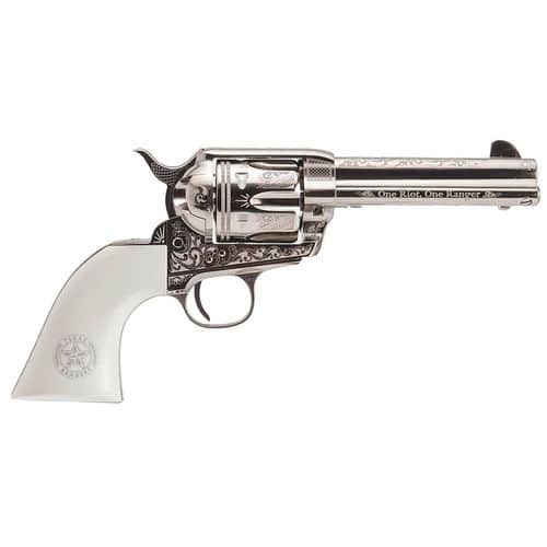 Cimarron PP410LNTXR Texas Ranger Frontier 45 Colt (LC) 6rd 4.75" Overall Nickel-Plated Engraved Steel with White Polymer Grip Cimarron PP410LNTXR Texas Ranger Frontier 45 Colt (LC) 6rd 4.75" Overall Nickel-Plated Engraved Steel with White Polymer Grip