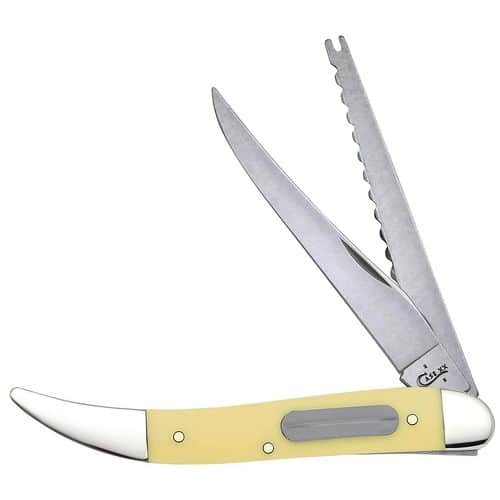 Case 00120 Fishing 3.40" Folding Clip/Fish Scaler Plain/Serrated Tumble Polish Tru-Sharp SS Blade Yellow Synthetic Handle Case 00120 Fishing 3.40" Folding Clip/Fish Scaler Plain/Serrated Tumble Polish Tru-Sharp SS Blade Yellow Synthetic Handle