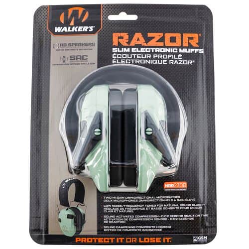 Walker's GWP-RSEM-SGN Razor Slim Electronic Muff 23 dB Over the Head Polymer Sage Green Ear Cups with Black Headband & White Logo Adult Walker's GWP-RSEM-SGN Razor Slim Electronic Muff 23 dB Over the Head Polymer Sage Green Ear Cups with Black Headband & White Logo Adult