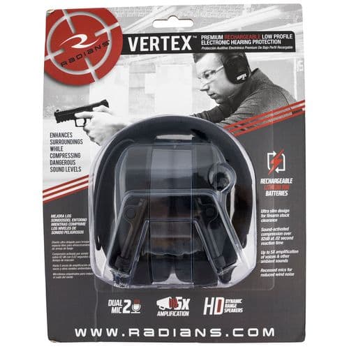Radians VX0110CS Vertex Slim Electronic Muff 85 dB Over the Head Black Ear Cups with Black Headband for Adult 1 Pair Radians VX0110CS Vertex Slim Electronic Muff 85 dB Over the Head Black Ear Cups with Black Headband for Adult 1 Pair