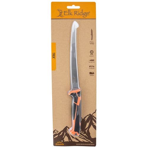 Elk Ridge ERTKFIX002CS Trek 7" Fixed Fillet Plain Satin 5Cr15MoV SS Blade TPR Black/Orange Handle Elk Ridge ERTKFIX002CS Trek 7" Fixed Fillet Plain Satin 5Cr15MoV SS Blade TPR Black/Orange Handle