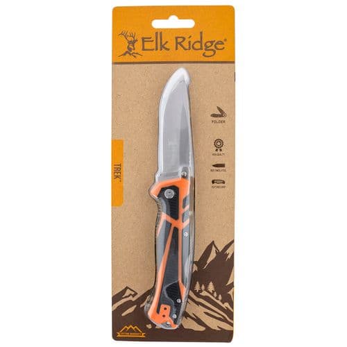 Elk Ridge ERTKFDR001CS Trek 3.50" Folding Drop Point Plain Satin 8Cr13MoV SS Blade TPR Black/Orange Handle Elk Ridge ERTKFDR001CS Trek 3.50" Folding Drop Point Plain Satin 8Cr13MoV SS Blade TPR Black/Orange Handle