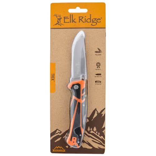 Elk Ridge ERTKFDR001CS Trek 3.50" Folding Drop Point Plain Satin 8Cr13MoV SS Blade TPR Black/Orange Handle Elk Ridge ERTKFDR001CS Trek 3.50" Folding Drop Point Plain Satin 8Cr13MoV SS Blade TPR Black/Orange Handle