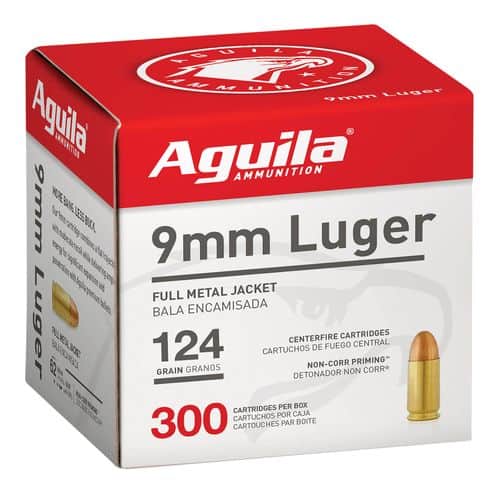 Aguila 1E092108 Centerfire Handgun 9mm Luger 124 gr Full Metal Jacket (FMJ) 300 Bx/ 4 Cs Aguila 1E092108 Centerfire Handgun 9mm Luger 124 gr Full Metal Jacket (FMJ) 300 Bx/ 4 Cs