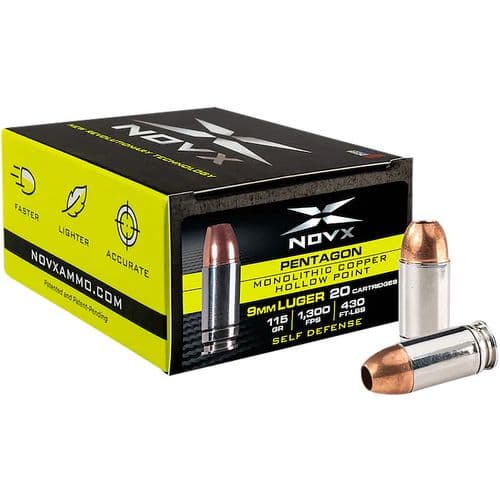 NovX 9CP115-20 Pentagon 9mm Luger 115 gr Monolithic Copper Hollow Point 20 Bx/ 10 Cs NovX 9CP115-20 Pentagon 9mm Luger 115 gr Monolithic Copper Hollow Point 20 Bx/ 10 Cs