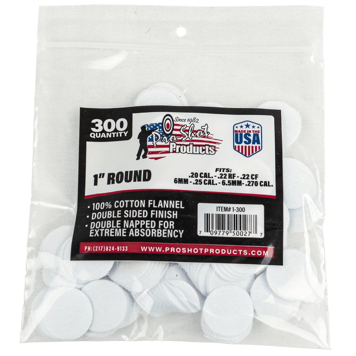 Pro-Shot Cleaning Patches .22 - .270 Cal 1" Round Cotton Flannel 300 Per Bag Pro-Shot Cleaning Patches .22 - .270 Cal 1" Round Cotton Flannel 300 Per Bag
