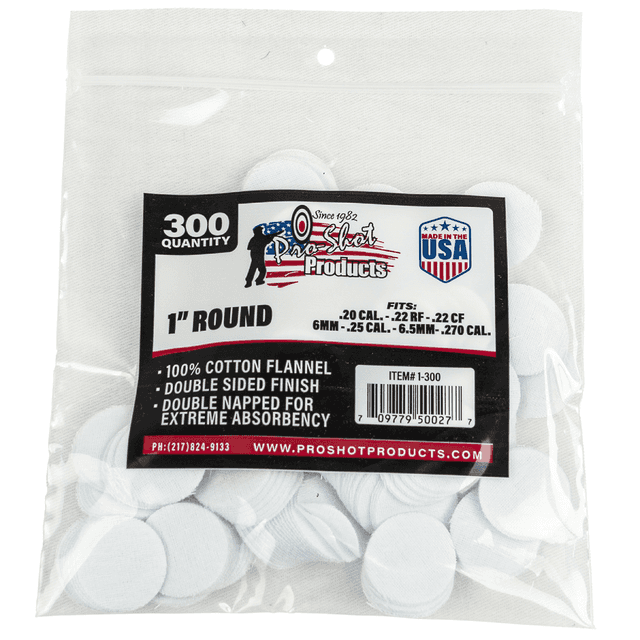 Pro-Shot Cleaning Patches .22 - .270 Cal 1" Round Cotton Flannel 300 Per Bag Pro-Shot Cleaning Patches .22 - .270 Cal 1" Round Cotton Flannel 300 Per Bag