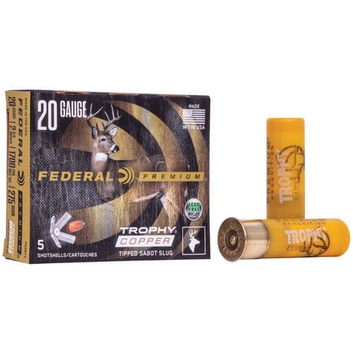 Federal, Trophy Copper, Tipped Sabot Slug, 20 Gauge 2.75", 275 Grain, 5 Round Box Federal, Trophy Copper, Tipped Sabot Slug, 20 Gauge 2.75", 275 Grain, 5 Round Box