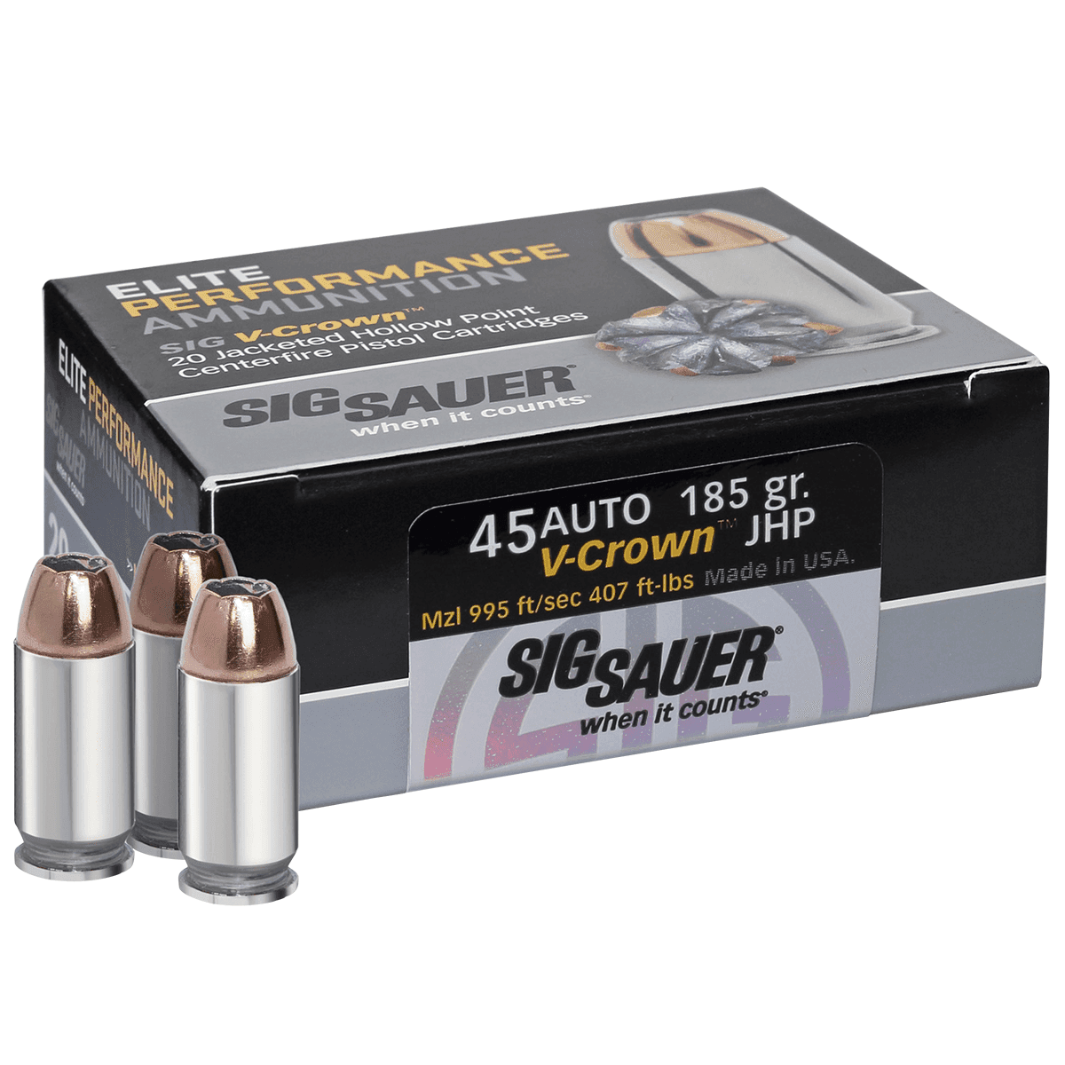 Sig Sauer E45AP020 Elite V-Crown 45 ACP 185 gr Jacketed Hollow Point (JHP) 20 Bx Sig Sauer E45AP020 Elite V-Crown 45 ACP 185 gr Jacketed Hollow Point (JHP) 20 Bx