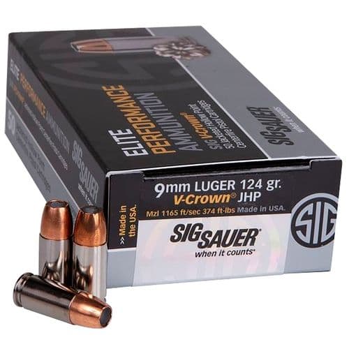 Sig Sauer E9MMJHP124-50 Elite V-Crown 9mm Luger 124 gr Jacketed Hollow Point (JHP) 50 Bx/ 20 Cs Sig Sauer E9MMJHP124-50 Elite V-Crown 9mm Luger 124 gr Jacketed Hollow Point (JHP) 50 Bx/ 20 Cs
