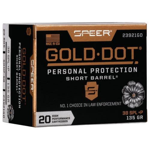 Speer Ammo 23921GD Gold Dot Personal Protection 38 Special +P 135 gr Hollow Point (HP) 20 Bx/ 10 Cs Speer Ammo 23921GD Gold Dot Personal Protection 38 Special +P 135 gr Hollow Point (HP) 20 Bx/ 10 Cs