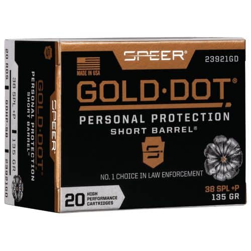 Speer Ammo 23921GD Gold Dot Personal Protection 38 Special +P 135 gr Hollow Point (HP) 20 Bx/ 10 Cs Speer Ammo 23921GD Gold Dot Personal Protection 38 Special +P 135 gr Hollow Point (HP) 20 Bx/ 10 Cs