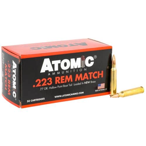 Atomic Ammunition Rifle 223 Rem 77 gr Hollow Point Boat-Tail (HPBT) 20 Bx/ 10 Cs Atomic Ammunition Rifle 223 Rem 77 gr Hollow Point Boat-Tail (HPBT) 20 Bx/ 10 Cs