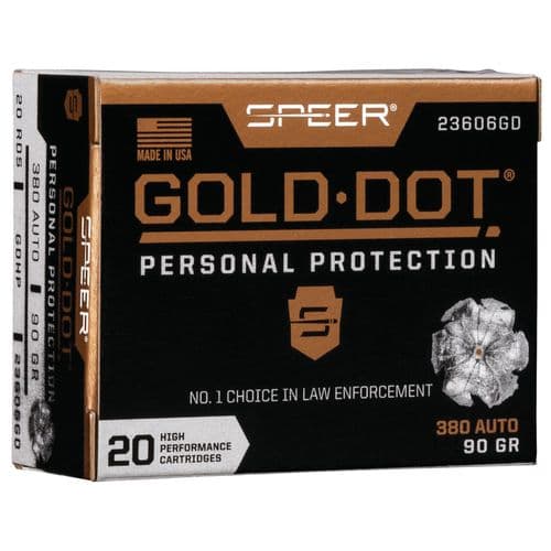 Speer 23606GD Gold Dot Personal Protection 380 ACP 90 gr Hollow Point 20 Per Box Speer 23606GD Gold Dot Personal Protection 380 ACP 90 gr Hollow Point 20 Per Box