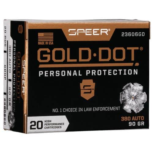 Speer 23606GD Gold Dot Personal Protection 380 ACP 90 gr Hollow Point 20 Per Box Speer 23606GD Gold Dot Personal Protection 380 ACP 90 gr Hollow Point 20 Per Box