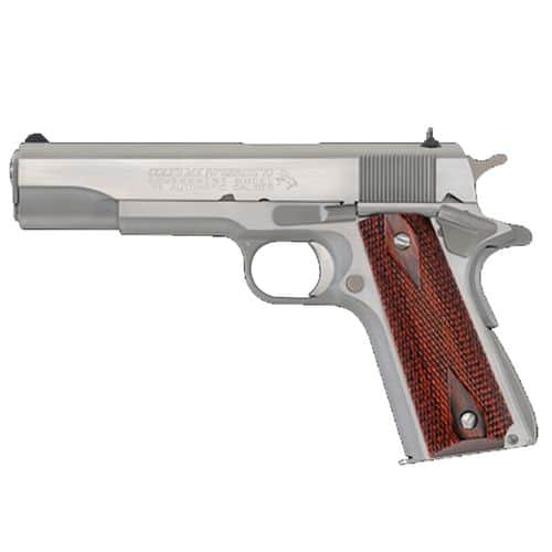 Colt O1070A1CS 1911 Government Series 70 45 ACP Pistol 5" Barrel 8+1 Brushed Stainless Steel Double Diamond Checkered Wood Grip Colt O1070A1CS 1911 Government Series 70 45 ACP Pistol 5" Barrel 8+1 Brushed Stainless Steel Double Diamond Checkered Wood Grip