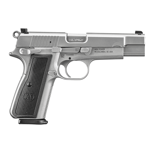 FN 66-101116 High Power 9mm Luger 10+1 4.70" Black Target Crown Steel Barrel, Stainless PVD Serrated Steel Slide FN 66-101116 High Power 9mm Luger 10+1 4.70" Black Target Crown Steel Barrel, Stainless PVD Serrated Steel Slide