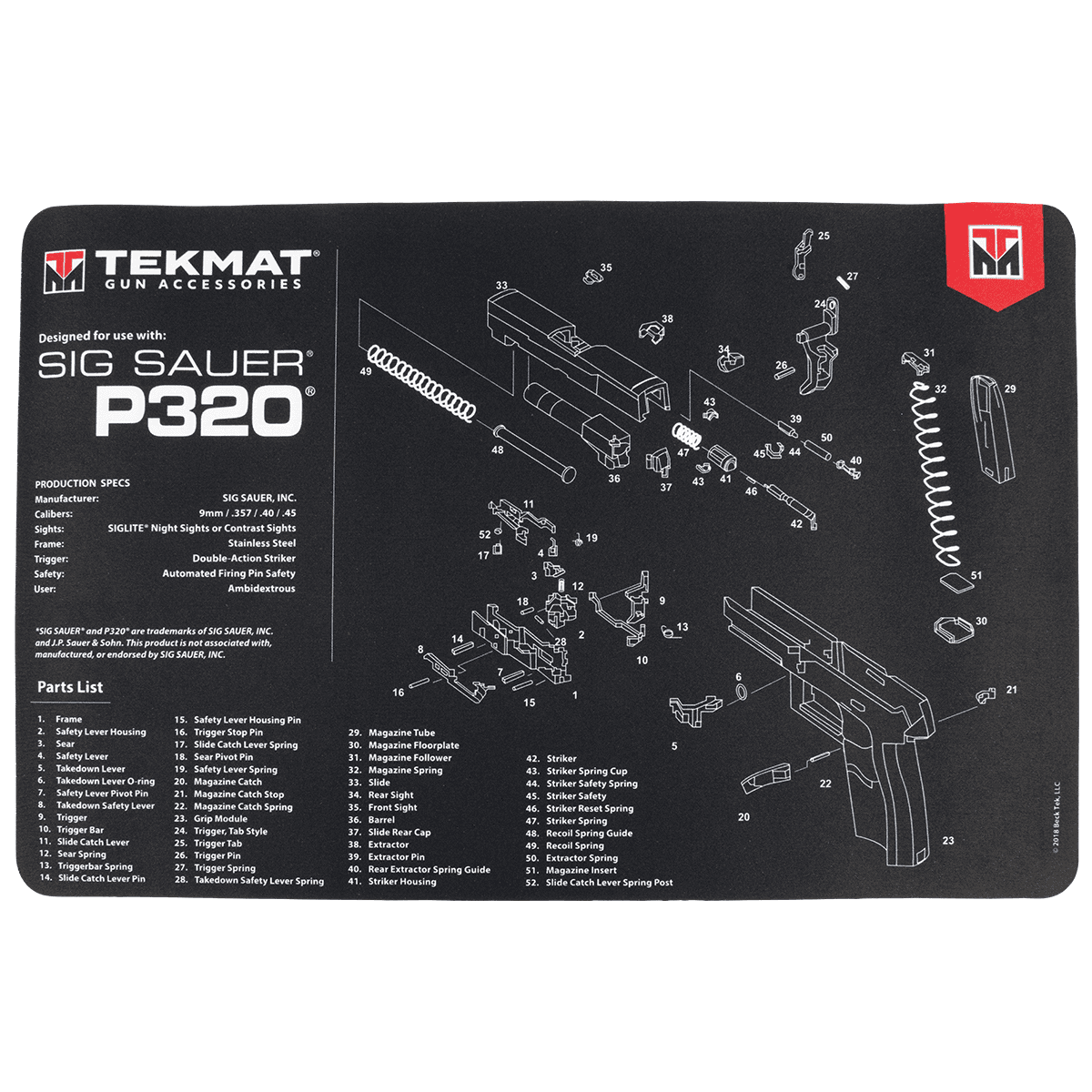 TekMat Black/White Rubber 17" Long 11" x 17" Sig P320 Parts Diagram Illustration TekMat Black/White Rubber 17" Long 11" x 17" Sig P320 Parts Diagram Illustration