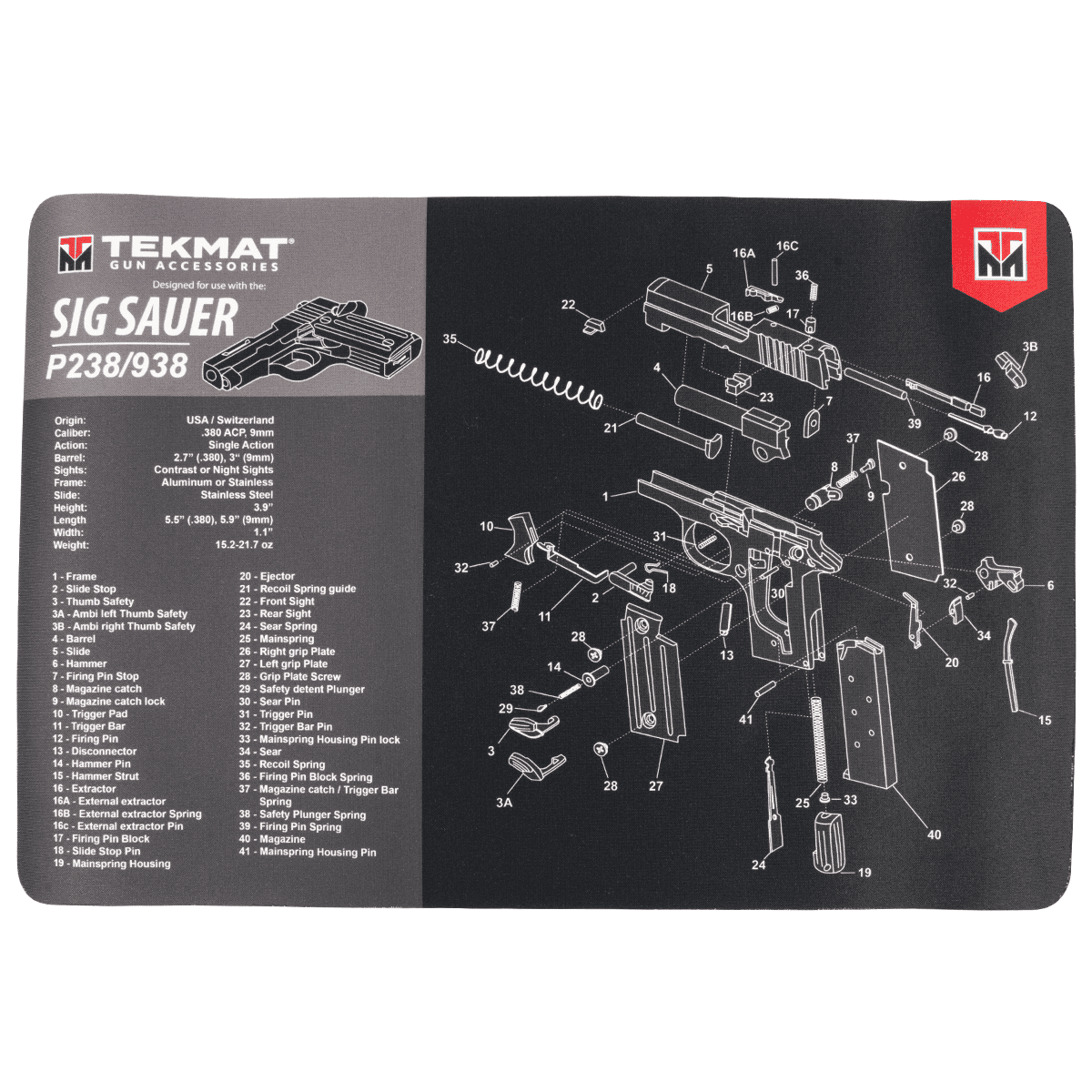 TekMat Sig Sauer P238 Cleaning Mat Sig P238 Parts Diagram 11" x 17" TekMat Sig Sauer P238 Cleaning Mat Sig P238 Parts Diagram 11" x 17"