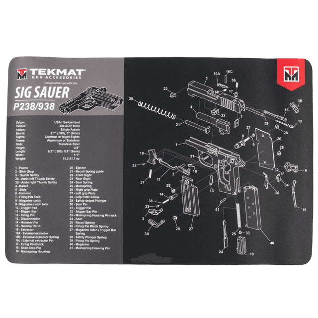 TekMat Sig Sauer P238 Cleaning Mat Sig P238 Parts Diagram 11" x 17" TekMat Sig Sauer P238 Cleaning Mat Sig P238 Parts Diagram 11" x 17"