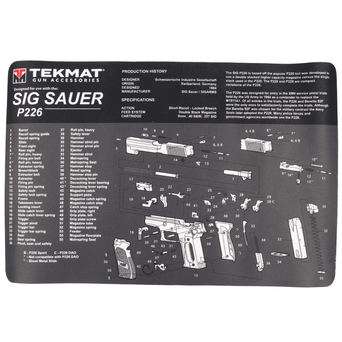 TekMat Sig Sauer P226 Cleaning Mat Sig P226 Parts Diagram 11" x 17" TekMat Sig Sauer P226 Cleaning Mat Sig P226 Parts Diagram 11" x 17"