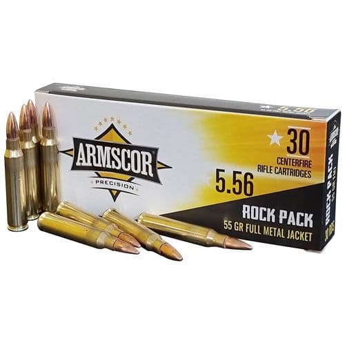 Armscor 50113 Precision Rock Pack 5.56x45mm NATO 55 gr 3050 fps Full Metal Jacket (FMJ) 30 Bx/10 Cs Armscor 50113 Precision Rock Pack 5.56x45mm NATO 55 gr 3050 fps Full Metal Jacket (FMJ) 30 Bx/10 Cs