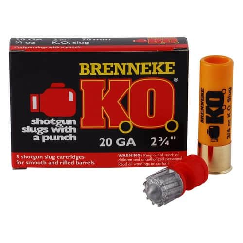 Brenneke SL202KO K.O. 20 Gauge 2.75" 3/4 oz/28 gr 1500 fps Slug Shot 5 Bx/50 Cs Brenneke SL202KO K.O. 20 Gauge 2.75" 3/4 oz/28 gr 1500 fps Slug Shot 5 Bx/50 Cs