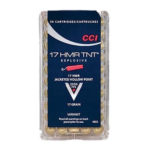 CCI 0053 Varmint TNT 17 HMR 17 gr 2550 fps Jacketed Hollow Point (JHP) 50 Bx/40 Cs CCI 0053 Varmint TNT 17 HMR 17 gr 2550 fps Jacketed Hollow Point (JHP) 50 Bx/40 Cs