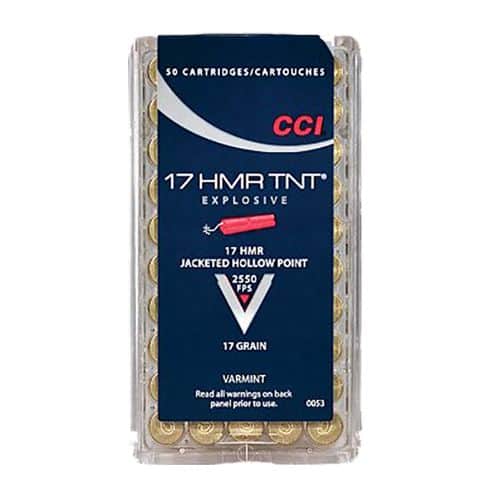 CCI 0053 Varmint TNT 17 HMR 17 gr 2550 fps Jacketed Hollow Point (JHP) 50 Bx/40 Cs CCI 0053 Varmint TNT 17 HMR 17 gr 2550 fps Jacketed Hollow Point (JHP) 50 Bx/40 Cs