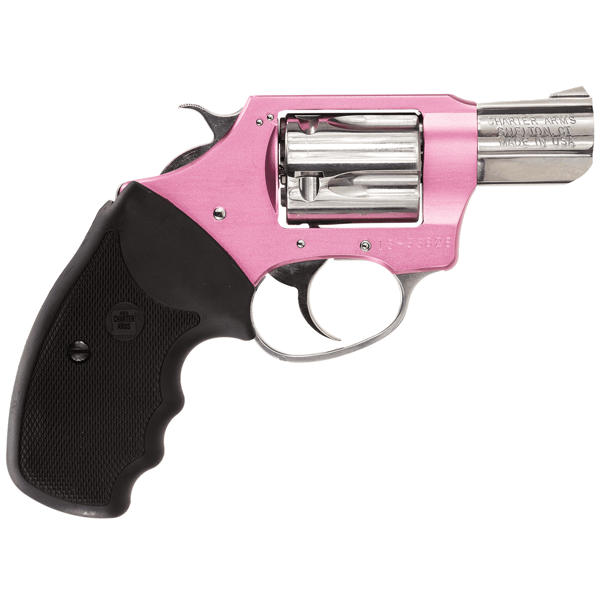 Charter Arms 53839 Undercover Lite Chic Lady 38 Special 5rd Shot 2" High Polished Stainless Pink Aluminum Frame Black Finger Grooved Rubber Grip Charter Arms 53839 Undercover Lite Chic Lady 38 Special 5rd Shot 2" High Polished Stainless Pink Aluminum Frame Black Finger Grooved Rubber Grip