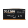 Blazer Brass 9mm 124 Grain FMJ Ammunition 20 Round Box side view Blazer Brass 9mm 124 Grain FMJ Ammunition 20 Round Box side view
