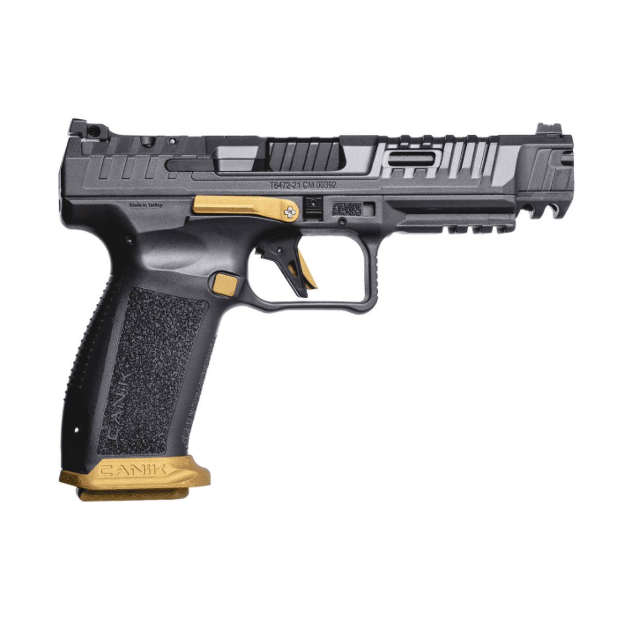 Canik HG6610TN SFx Rival Full Size 9mm Luger 18+1, 5" Black Steel Barrel, Rival Gray Ported/Serrated Slide, Rival Gray w/Gold Accents Polymer Frame w/Beavertail & Picatinny Rail, Ambidextrous Canik HG6610TN SFx Rival Full Size 9mm Luger 18+1, 5" Black Steel Barrel, Rival Gray Ported/Serrated Slide, Rival Gray w/Gold Accents Polymer Frame w/Beavertail & Picatinny Rail, Ambidextrous