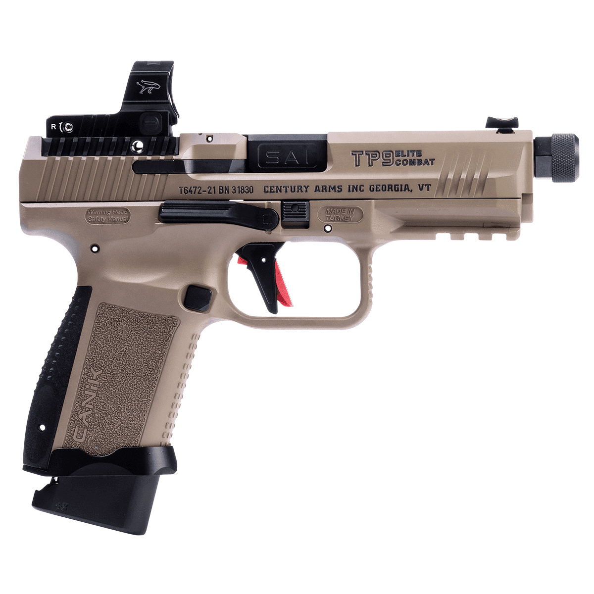 Canik HG7167DN TP9 Elite Combat 9mm Luger 18+1, 4.73" Black Nitride Match Grade Threaded Barrel, Flat Dark Earth Cerakote Optic Ready/Serrated Steel Slide, Polymer Frame w/Picatinny Rail, Black Interchangeable Backstrap, MeCanik MO2 Red Dot Canik HG7167DN TP9 Elite Combat 9mm Luger 18+1, 4.73" Black Nitride Match Grade Threaded Barrel, Flat Dark Earth Cerakote Optic Ready/Serrated Steel Slide, Polymer Frame w/Picatinny Rail, Black Interchangeable Backstrap, MeCanik MO2 Red Dot