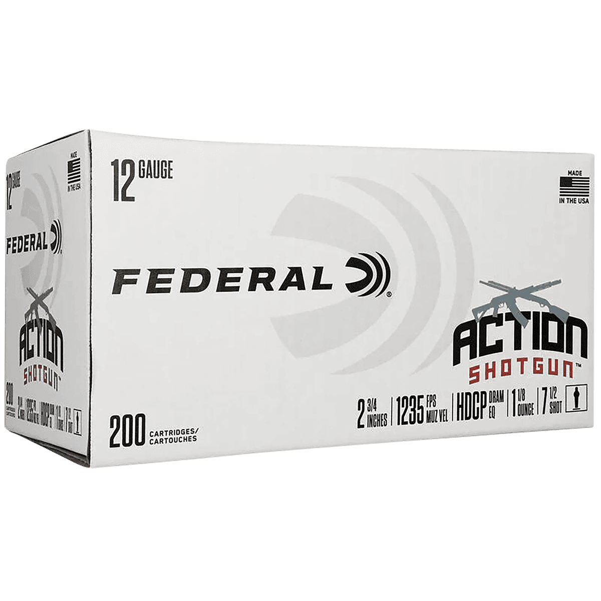 Federal AS12H75 Action Shotgun 12 Gauge 2.75" 1 1/8 oz 7.5 Shot 200 Per Box Federal AS12H75 Action Shotgun 12 Gauge 2.75" 1 1/8 oz 7.5 Shot 200 Per Box