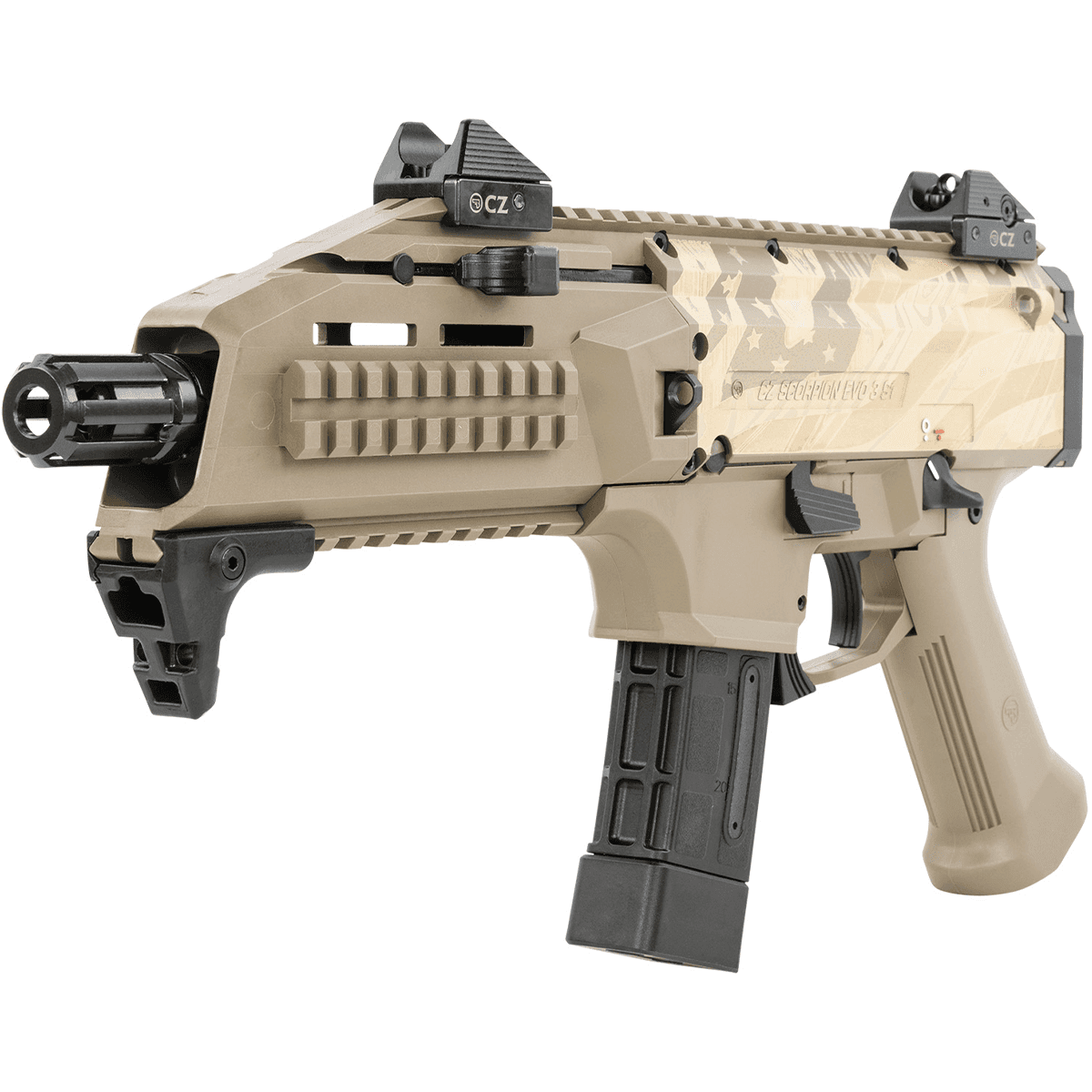CZ Scorpion EVO 3 S1 9mm Semi-Automatic Pistol FDE Glory Flag Engraving CZ Scorpion EVO 3 S1 9mm Semi-Automatic Pistol FDE Glory Flag Engraving