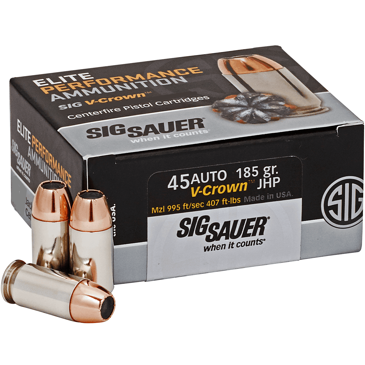 Sig Sauer E45AP050 Elite Defense 45 ACP 185 gr 995 fps V-Crown Jacketed Hollow Point (VJHP) 50 Bx Sig Sauer E45AP050 Elite Defense 45 ACP 185 gr 995 fps V-Crown Jacketed Hollow Point (VJHP) 50 Bx