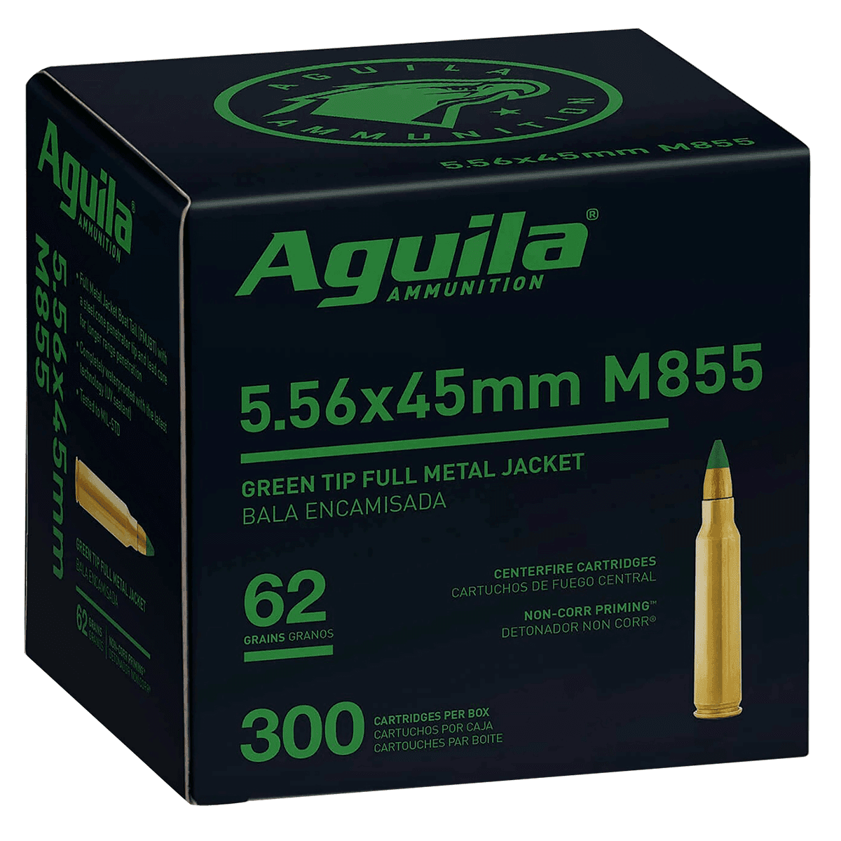 Aguila 1E556125 Green Tip M855 5.56x45mm NATO FMJBT Rifle Ammo 300 Per Box Aguila 1E556125 Green Tip M855 5.56x45mm NATO FMJBT Rifle Ammo 300 Per Box
