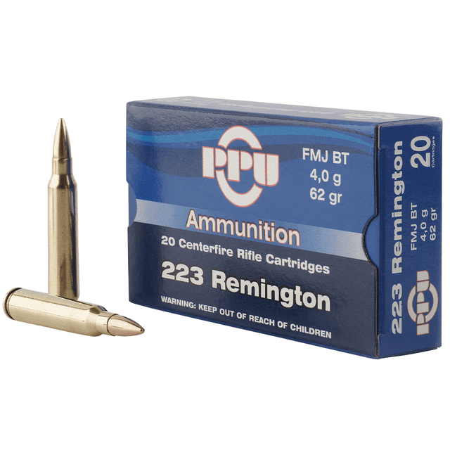 PPU Standard Rifle 223 Rem 62 gr Full Metal Jacket Boat-Tail (FMJBT) - PP223F2 PPU Standard Rifle 223 Rem 62 gr Full Metal Jacket Boat-Tail (FMJBT) - PP223F2
