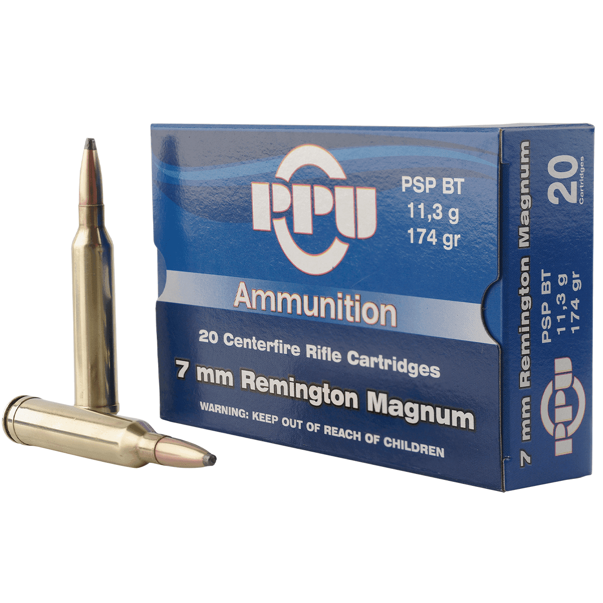 PPU 7mm Rem Mag 174 gr Pointed Soft Point Boat-Tail Rifle Ammo PPU 7mm Rem Mag 174 gr Pointed Soft Point Boat-Tail Rifle Ammo